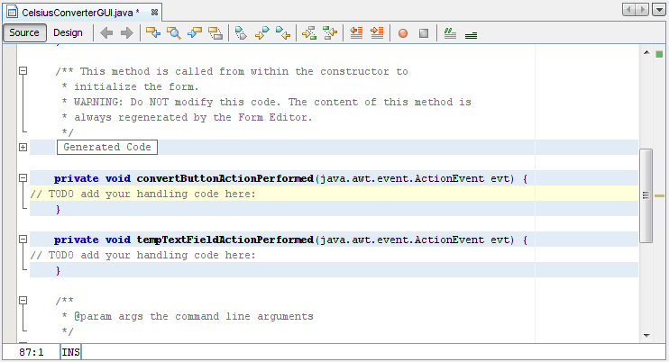 the actionPerformed method in the source code tab