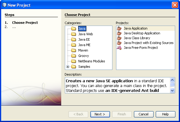 NetBeans IDE, New Project wizard, Choose Project page.