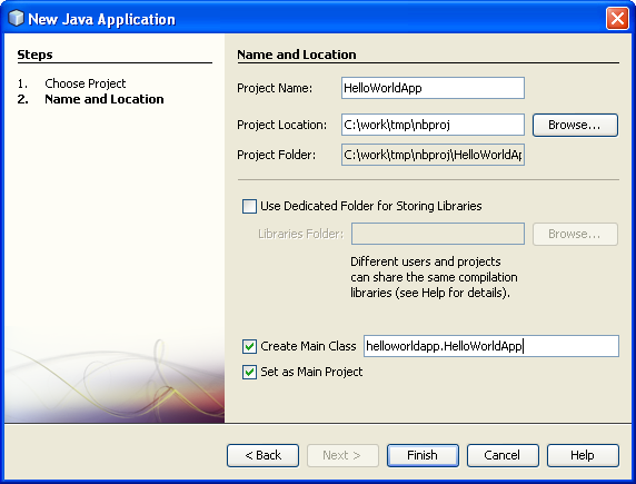NetBeans IDE, New Project wizard, Name and Location page.