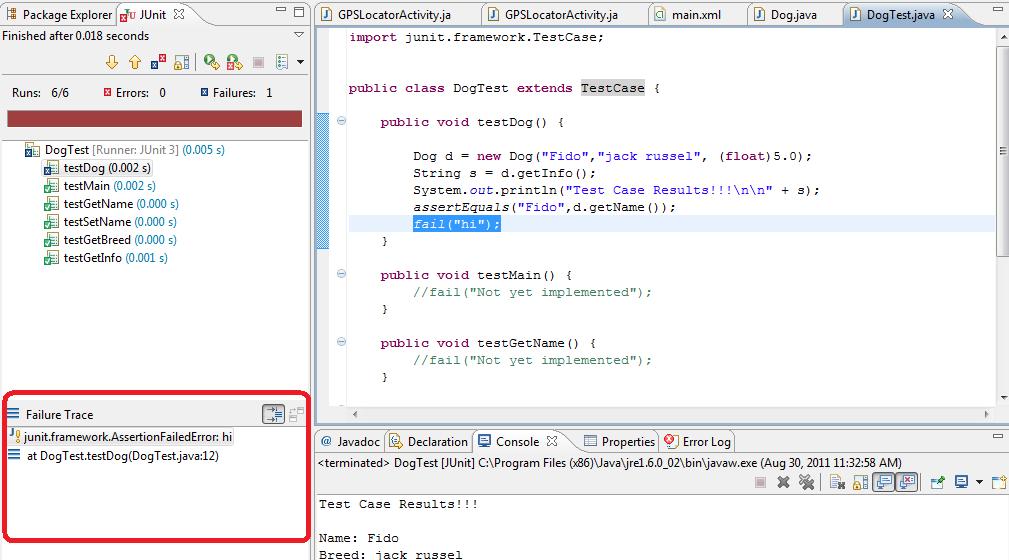 failure of a test case in JUnit