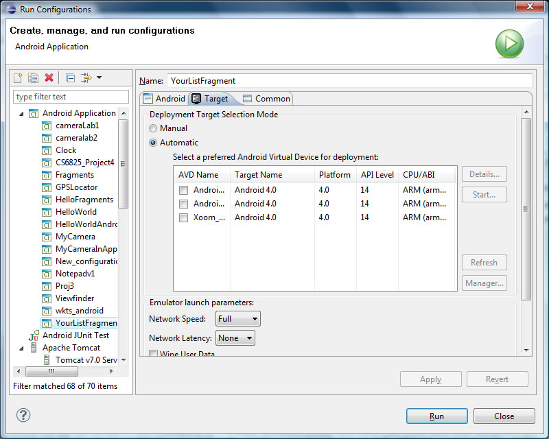 run configuration target tab