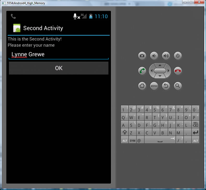 typed in name in SecondActivity