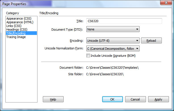 Dreamweaver Template Encoding options